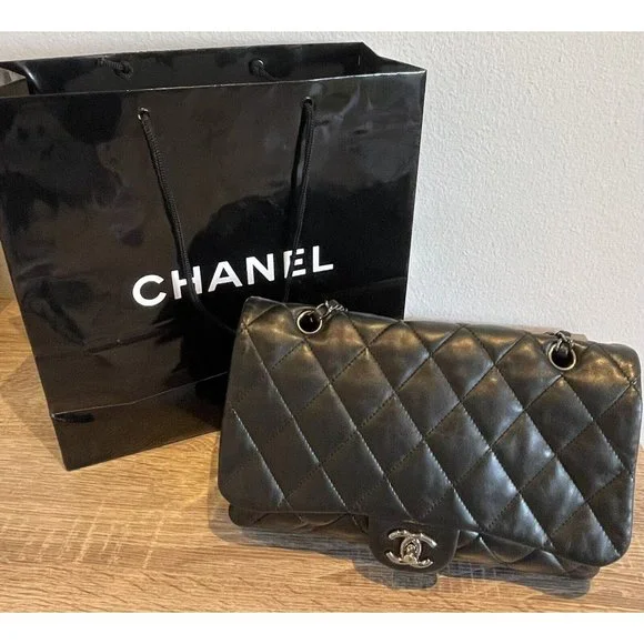 Authentic Chanel Black Quilted Lambskin Leather 3 Accordion Flap Bag - Picture 1 of 11